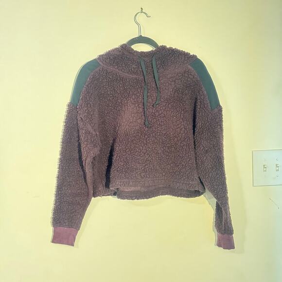 Teddy Sherpa Hoodie - Brown Cropped Pullover Shoulders Size M - Picture 4 of 4